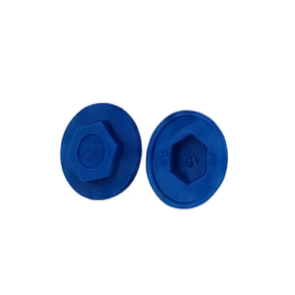 Blue plastic hex head screw caps shown from top and underside
