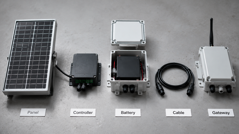 Component layout for an off-grid industrial cellular gateway power system with solar array, battery, controller, protected output, and gateway.