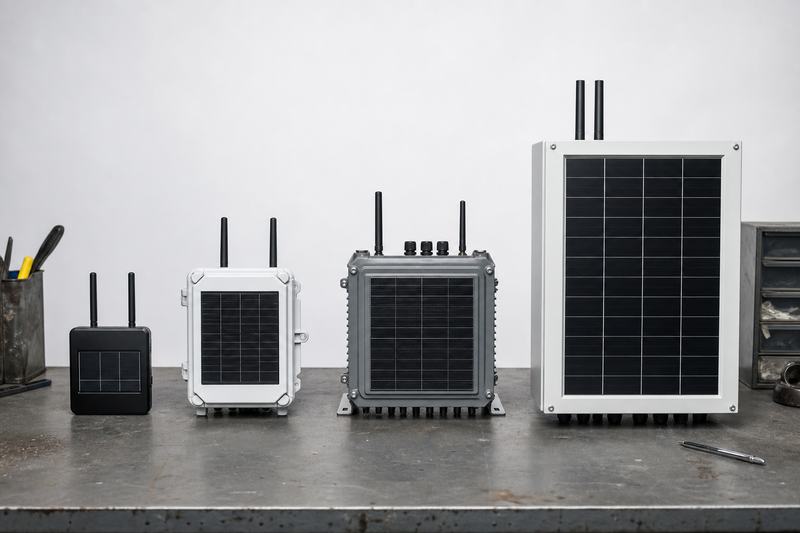 Comparison of solar panel and battery sizes for several classes of continuously operating industrial cellular gateway.