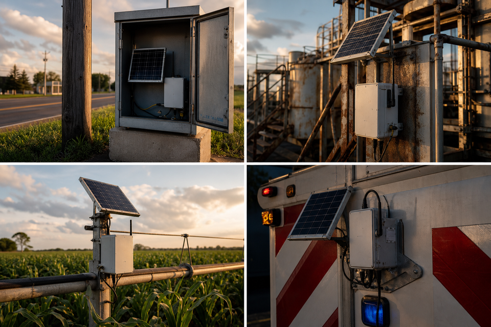 Solar-powered communications and monitoring equipment deployed across several remote infrastructure environments.