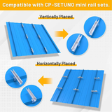 Compatibility diagram showing mini rails mounted vertically and horizontally on a standing-seam metal roof.