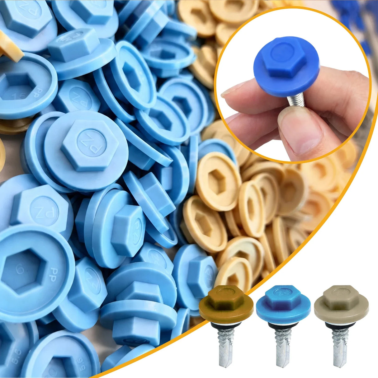 Light blue, brown, and beige hex head screw caps with fitted examples