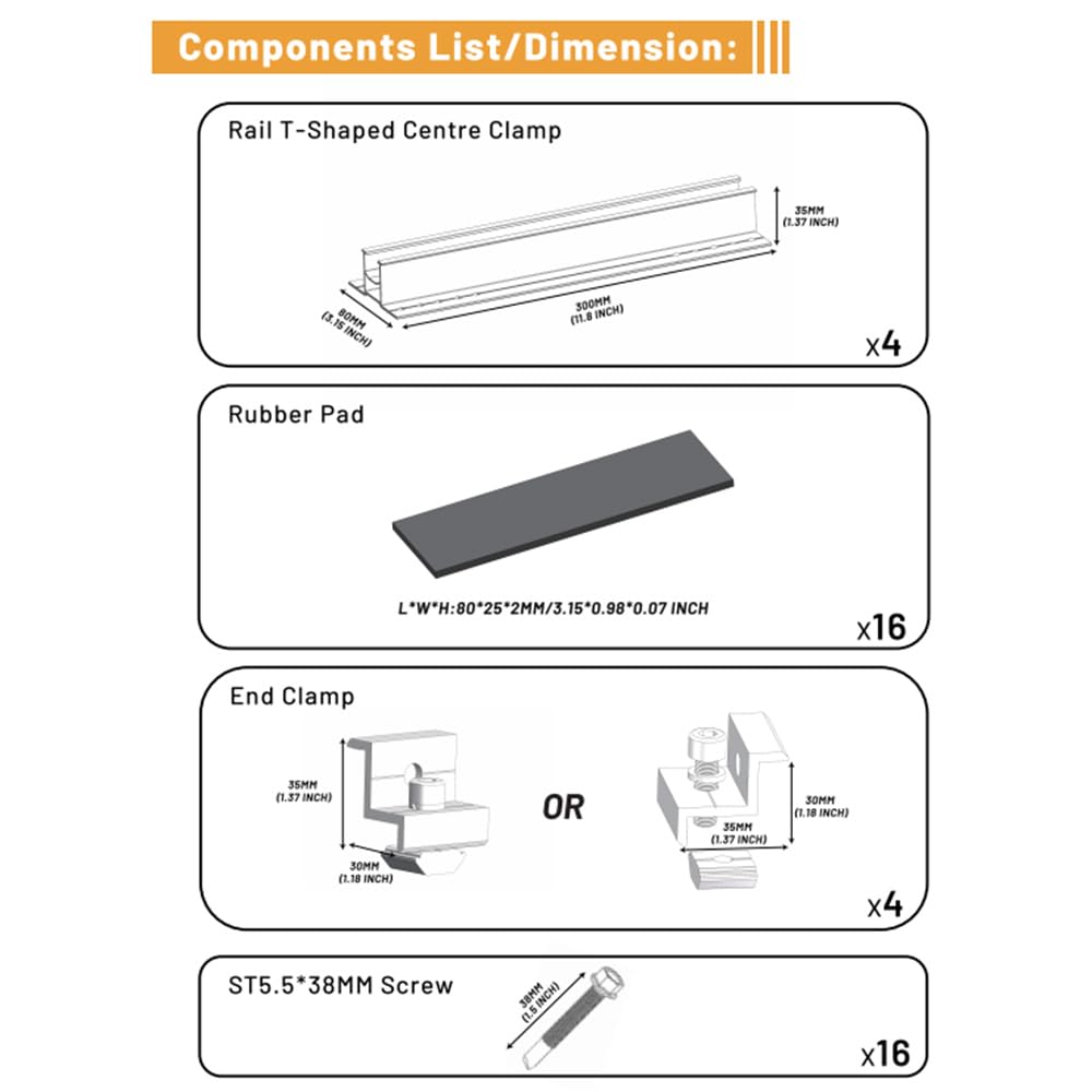 Components diagram listing rail, rubber pad, end clamp, and self-drilling screw.