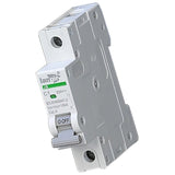 Single-pole DC circuit breaker with green indicator and ON/OFF lever, front angle view.