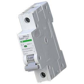 Single-pole DC circuit breaker with green indicator and ON/OFF lever, front angle view.
