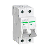Two-pole DC circuit breaker with twin levers and labeling for PV DC use, front angle view.