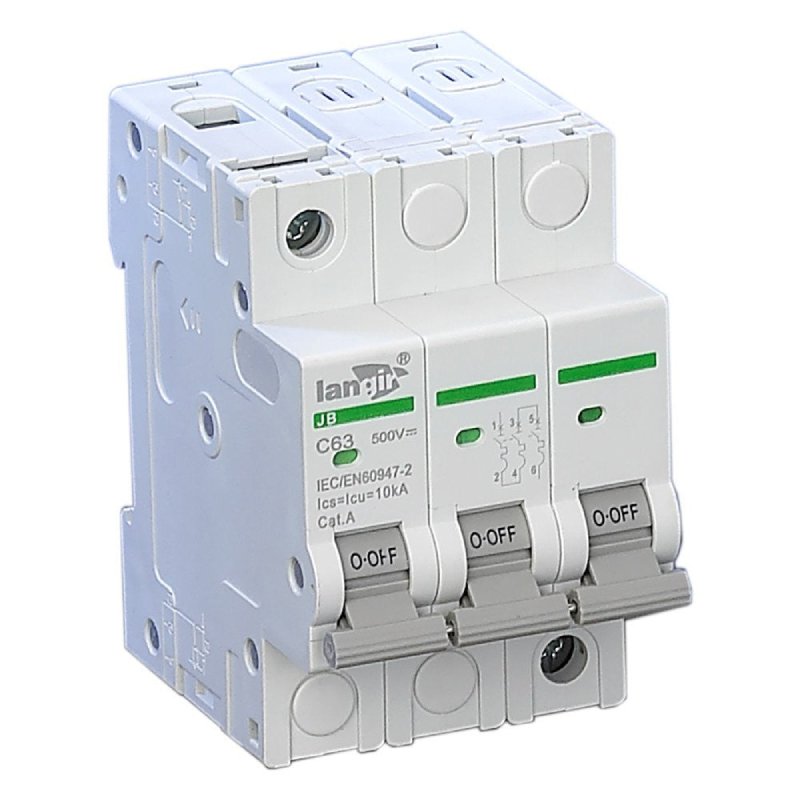 Three-pole DC circuit breaker showing three levers and DIN-rail housing.