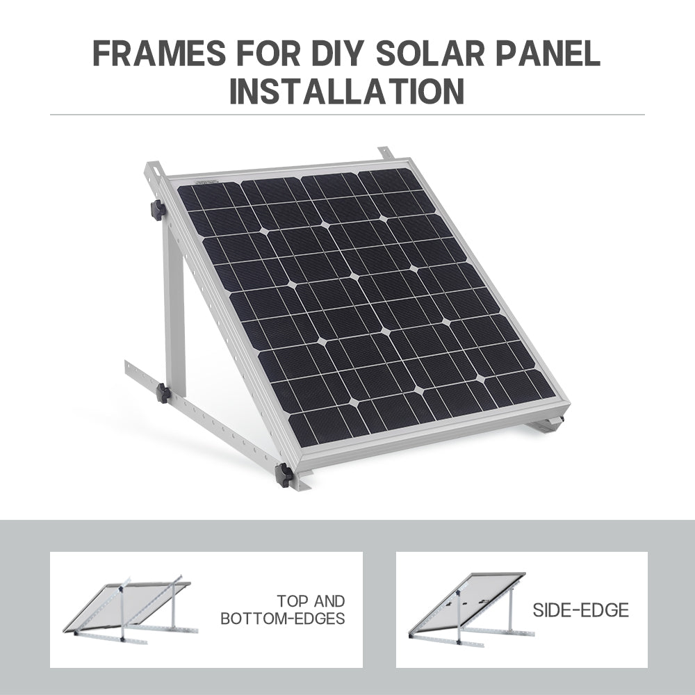 DIY solar panel frame with adjustable mounting bracket for top-and-bottom or side-edge installation