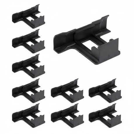 Ten black ABS water drain clips arranged in a grid, product overview.