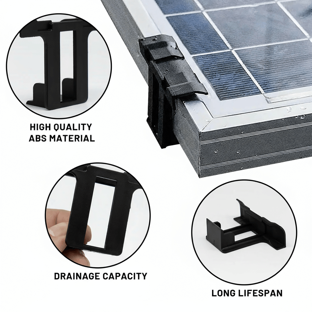 Feature collage: ABS material, drainage capacity, long lifespan, and clip installed on panel frame.