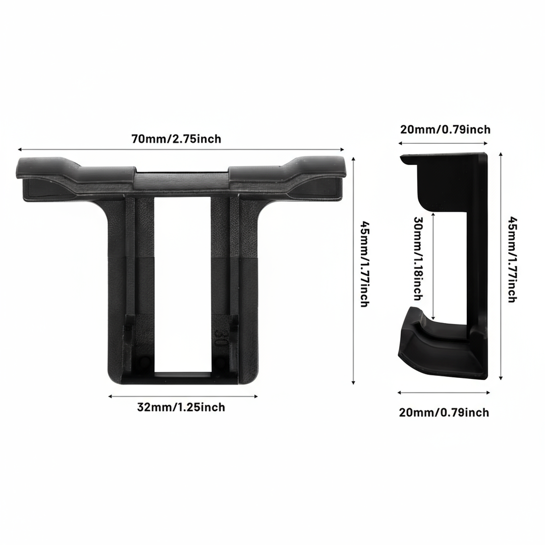 Size diagram of the black ABS water drain clip showing width and height for 30–35 mm frames.