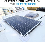 Drill-free solar panel corner mounts installed on a flat RV roof