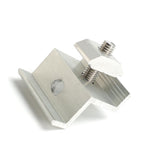 Close-up of aluminum end and mid clamp hardware.