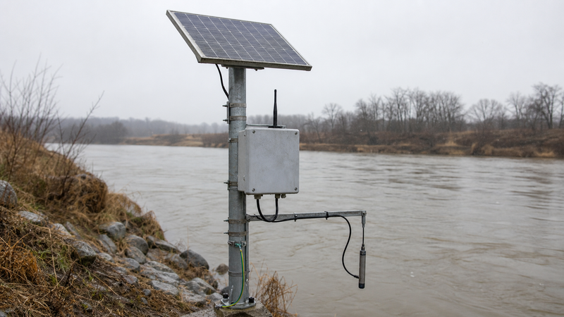 A complete solar-powered flood monitoring station with a tilted panel, a weatherproof telemetry enclosure with an antenna, and a sensor cable running down the pole to the water.