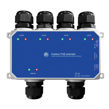 Front panel and indicator lights on the four-port PoE extender