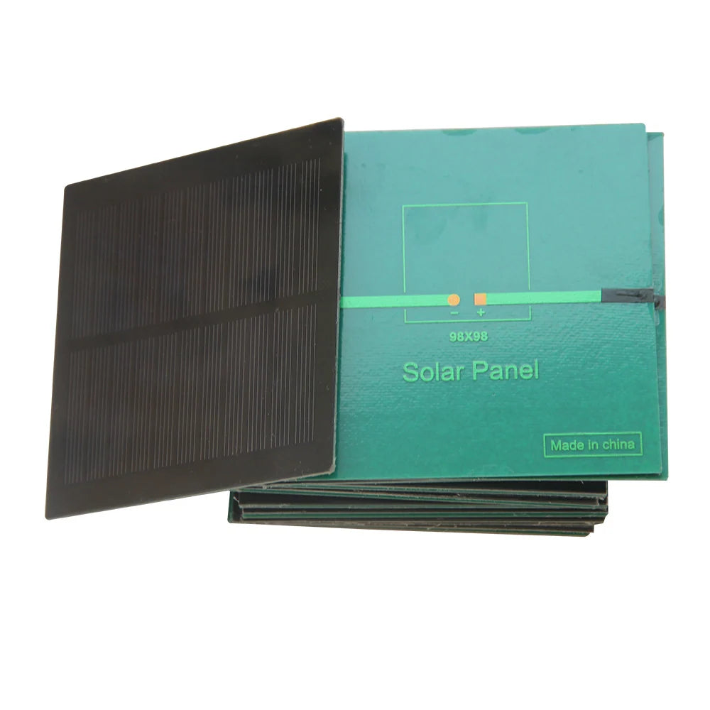 1.3W 5.5V Mini Solar Panel, 98 × 98mm PET Module — front and rear stack