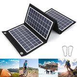 10W, 15W or 20W EVA Folding Solar Charger with Dual USB-A — folded panel and outdoor collage