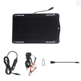 10W 18V Solar Battery Maintainer with Car Plug and Clip Leads — panel and full cable kit