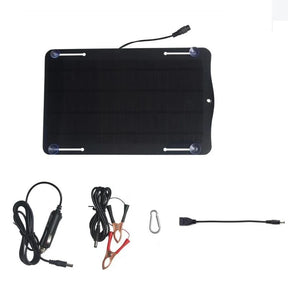 10W 18V Solar Battery Maintainer with Car Plug and Clip Leads — panel and full cable kit