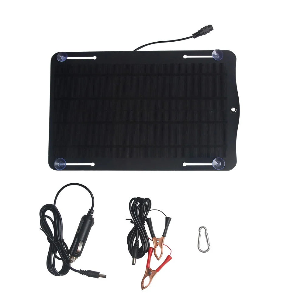 10W 18V Solar Battery Maintainer with Car Plug and Clip Leads — panel and accessories