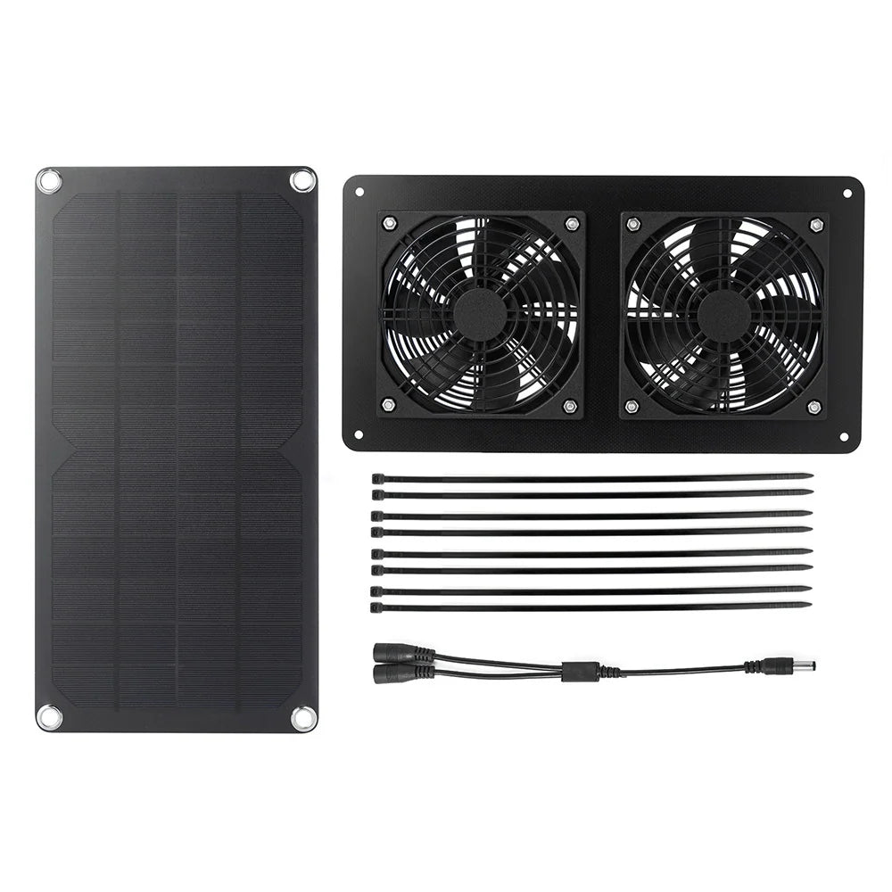 10W Dual-Fan or 5W Single-Fan Solar Ventilation Kit — 10W panel and dual-fan accessories