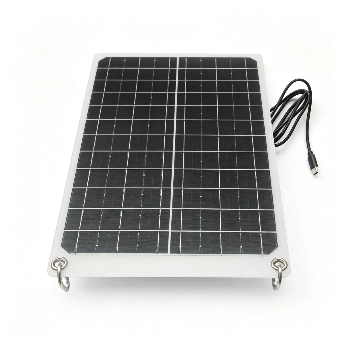 11W 12V Solar Panel with 1m USB-C Cable and Carabiners — angled front view