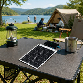 11W 5V Solar Charger Panel with USB-A and USB-C Outputs — charger in outdoor setting