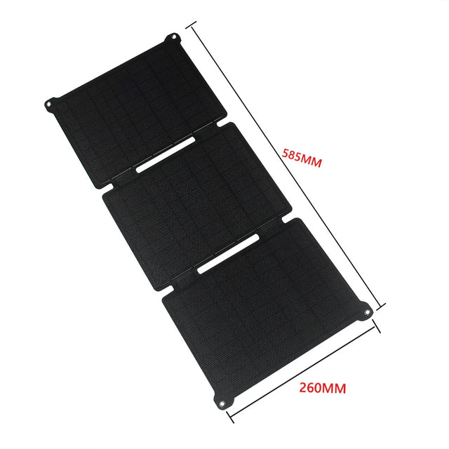 21W ETFE Three-Fold Solar Charger with USB-C, USB-A and DC — open panel with size diagram