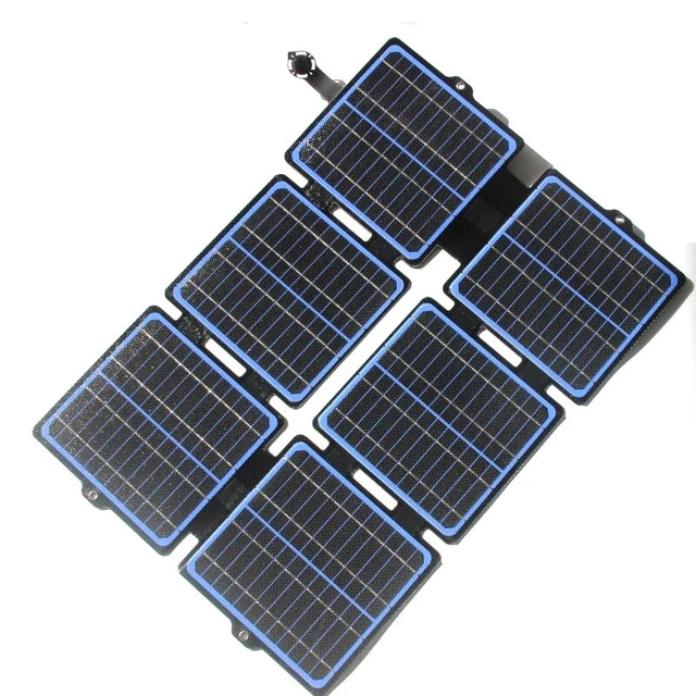 30W ETFE Six-Fold Solar Charger, Blue or Black, USB and DC — blue six-fold solar panel open