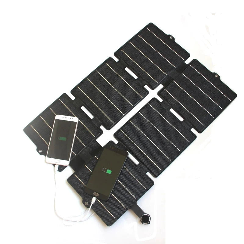 30W ETFE Six-Fold Solar Charger, Blue or Black, USB and DC — black six-fold panel with device