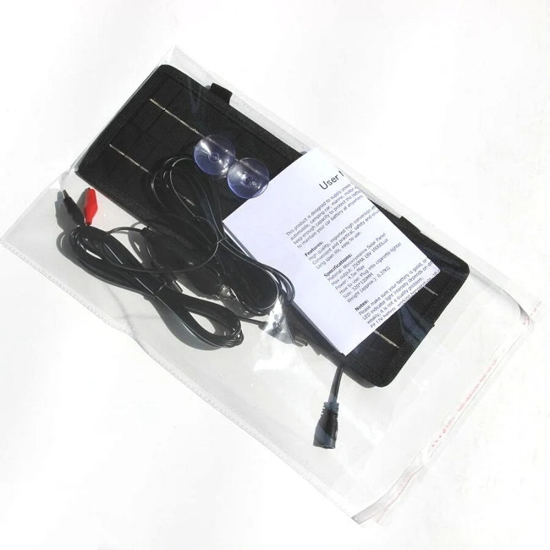 4.5W 18V Solar Battery Maintainer with Car Plug and Clips — kit in clear packaging