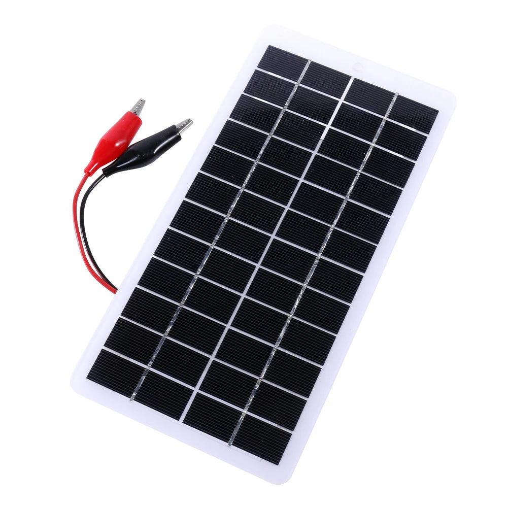 5W 12V Solar Panel with Alligator Clip Lead, 250 × 120mm — angled panel and battery clips