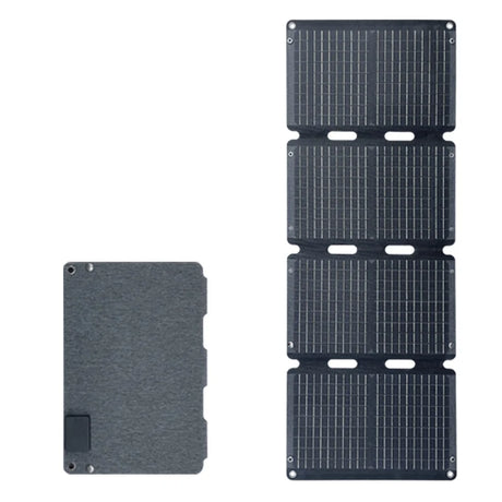 60W 18V ETFE Four-Fold Solar Charger with USB-C, USB-A and DC — four-fold panel open and folded
