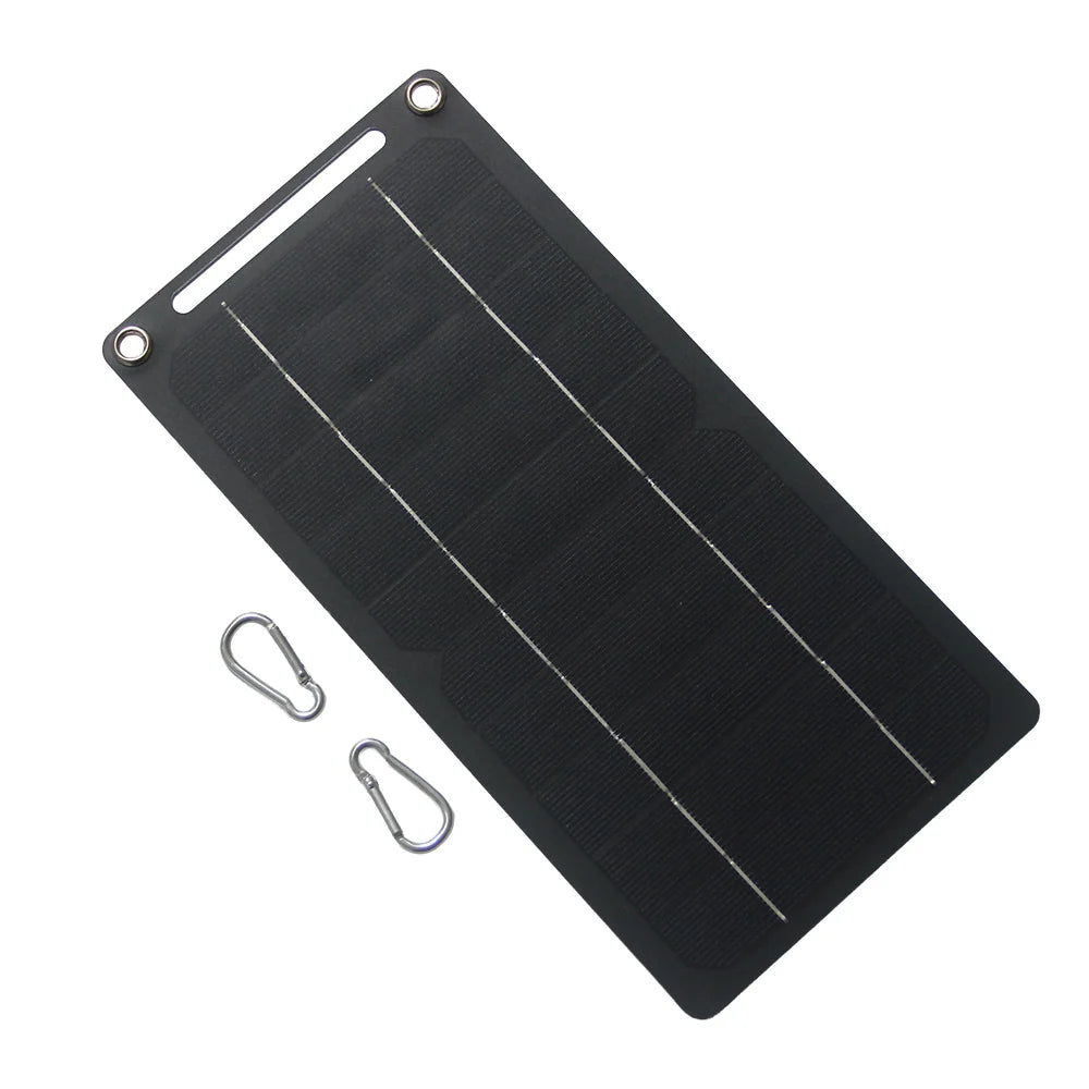 6W 5V Solar Charger Panel with USB-A and USB-C Outputs — panel and carabiners