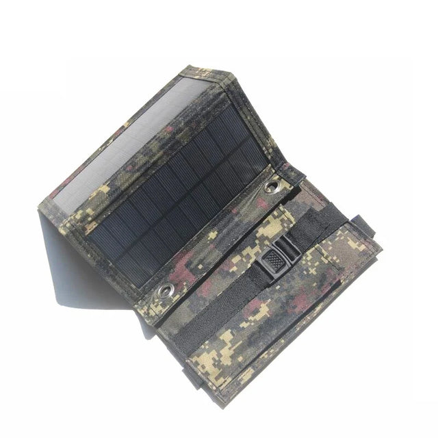 7W 5V Four-Fold USB Solar Charger, Black or Camouflage — camouflage charger folded at an angle