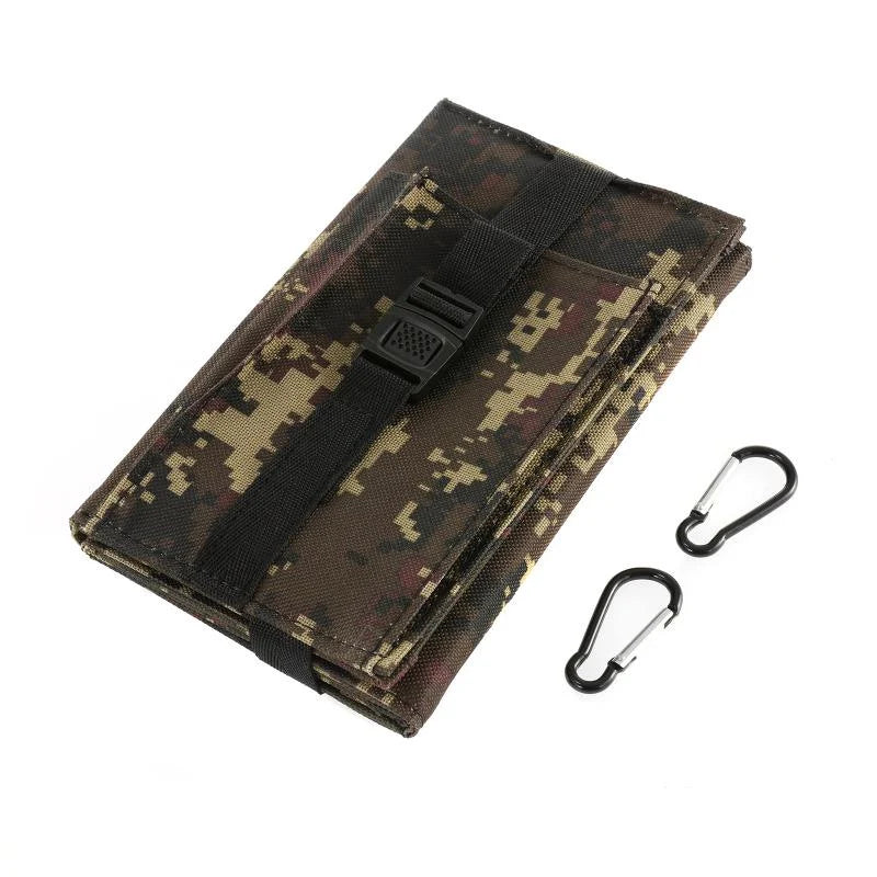 7W 5V Four-Fold USB Solar Charger, Black or Camouflage — camouflage charger folded with carabiners