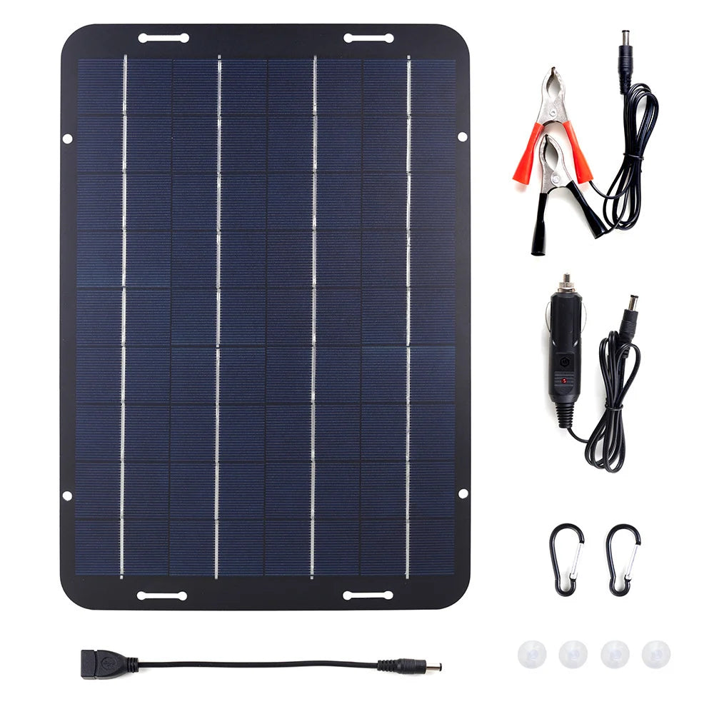 10W panel with connection leads, USB adapter, carabiners and suction cups