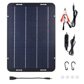 10W panel with connection leads, USB adapter, carabiners and suction cups