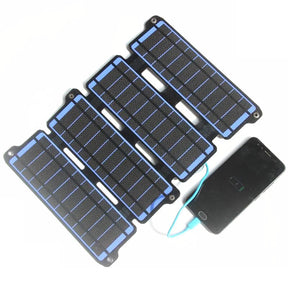 Blue four-section charger shown with a connected phone