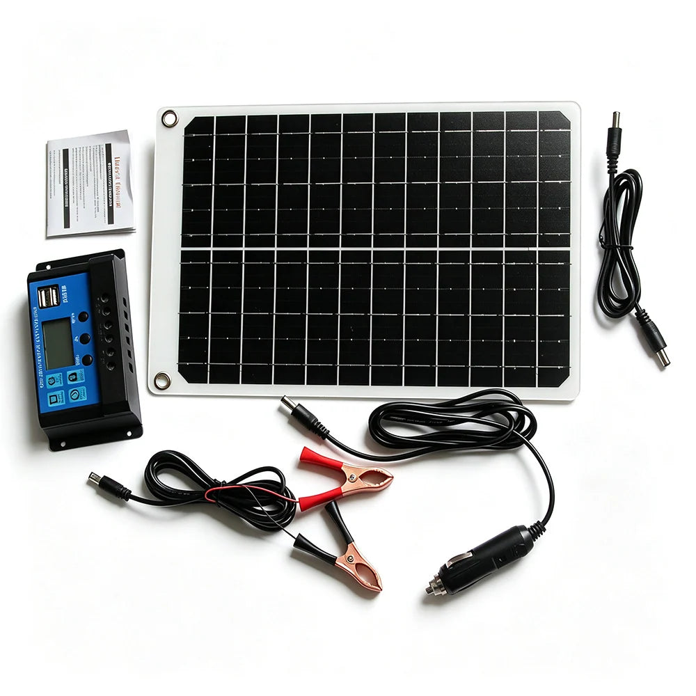 15W panel shown with accessory leads and optional controller