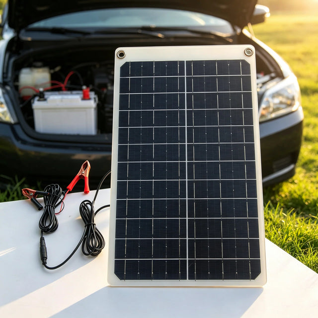 15W panel with battery clips beside a vehicle