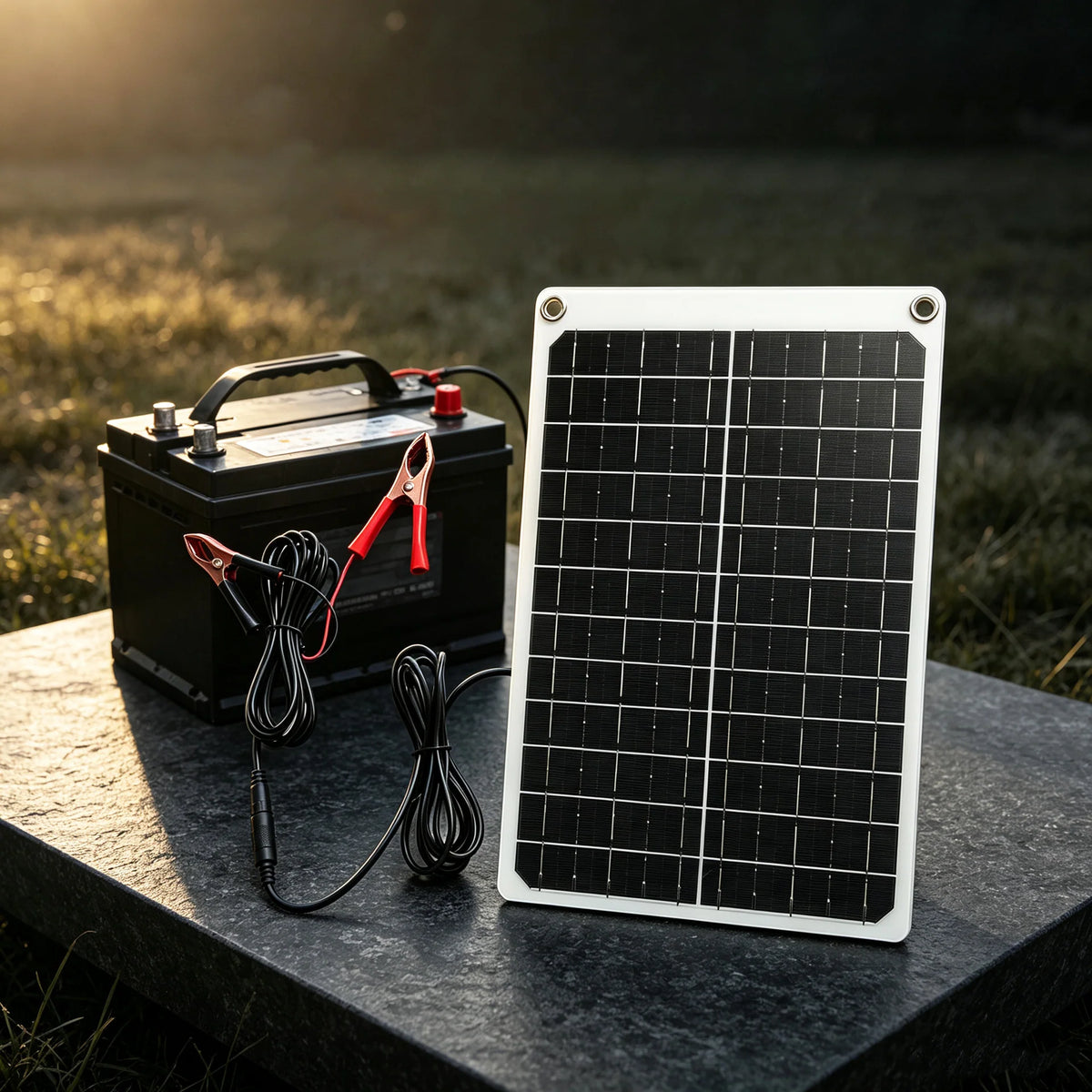 15W panel positioned beside a battery outdoors