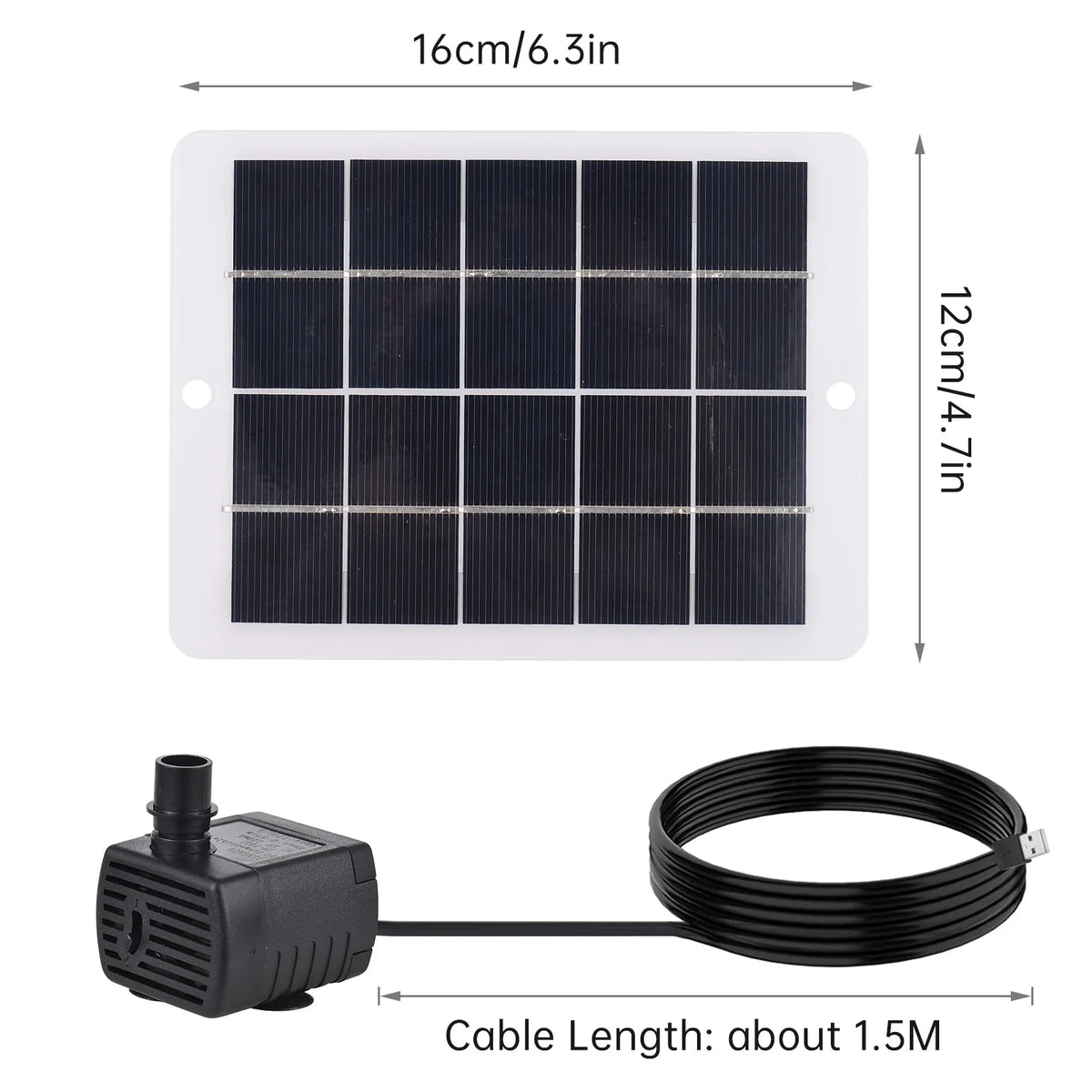 160 × 120mm panel and approximately 1.5m pump cable