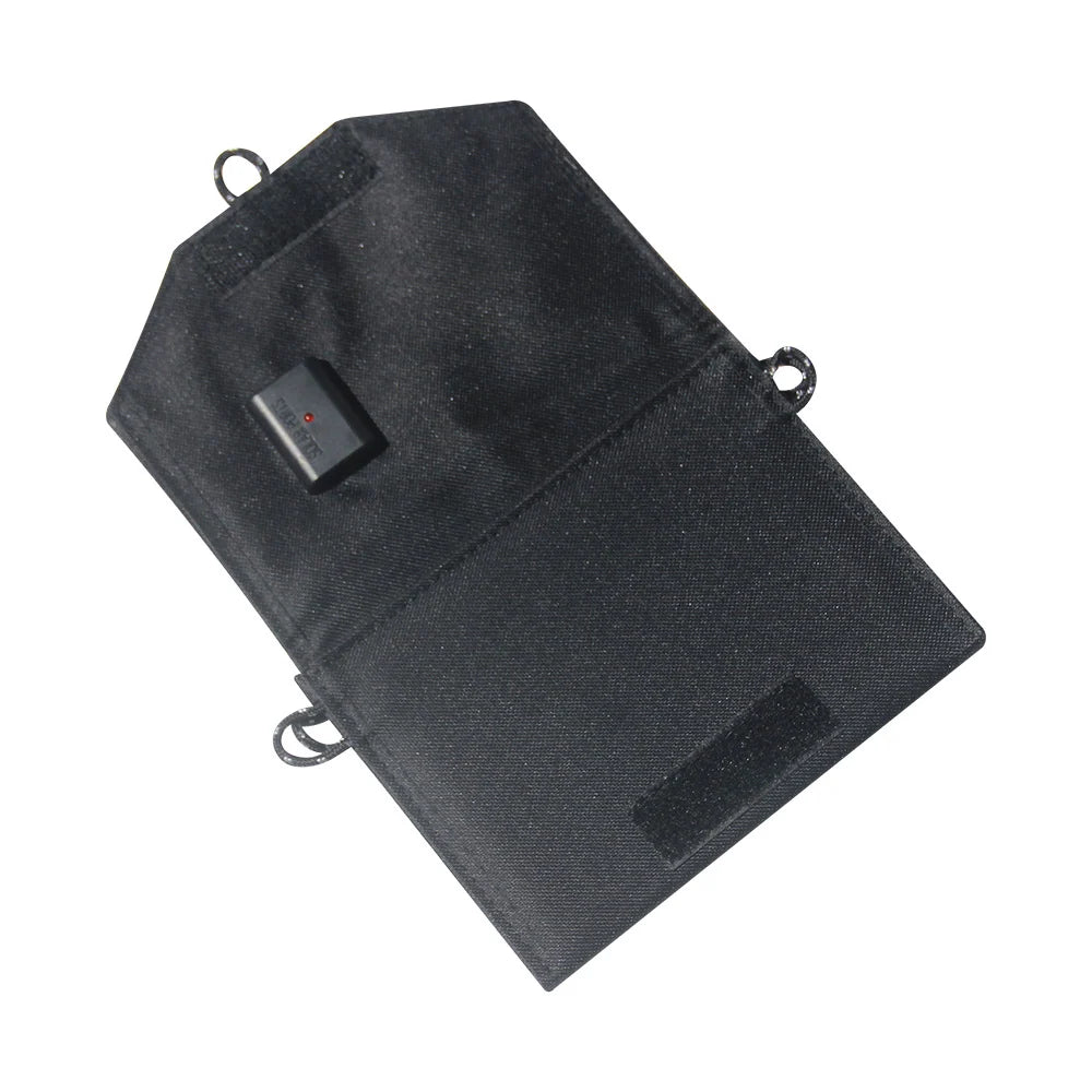 Rear of black two-panel charger with USB box