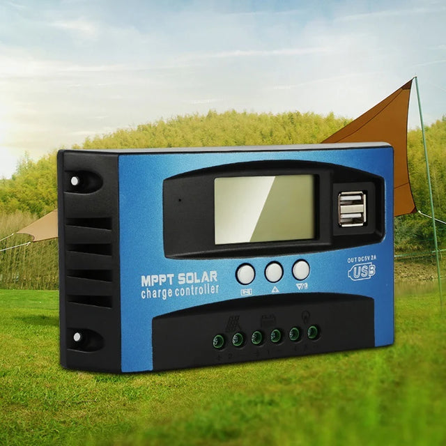 MPPT solar charge controller front in outdoor setting