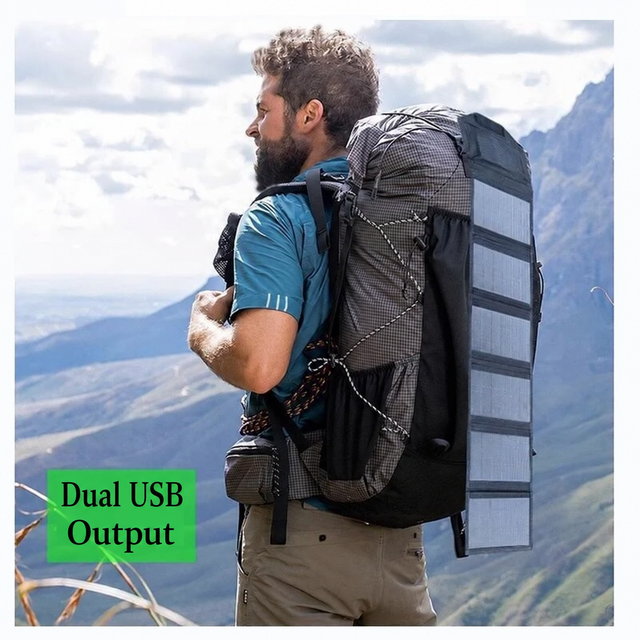 Six-section charger attached to a backpack; backpack not included