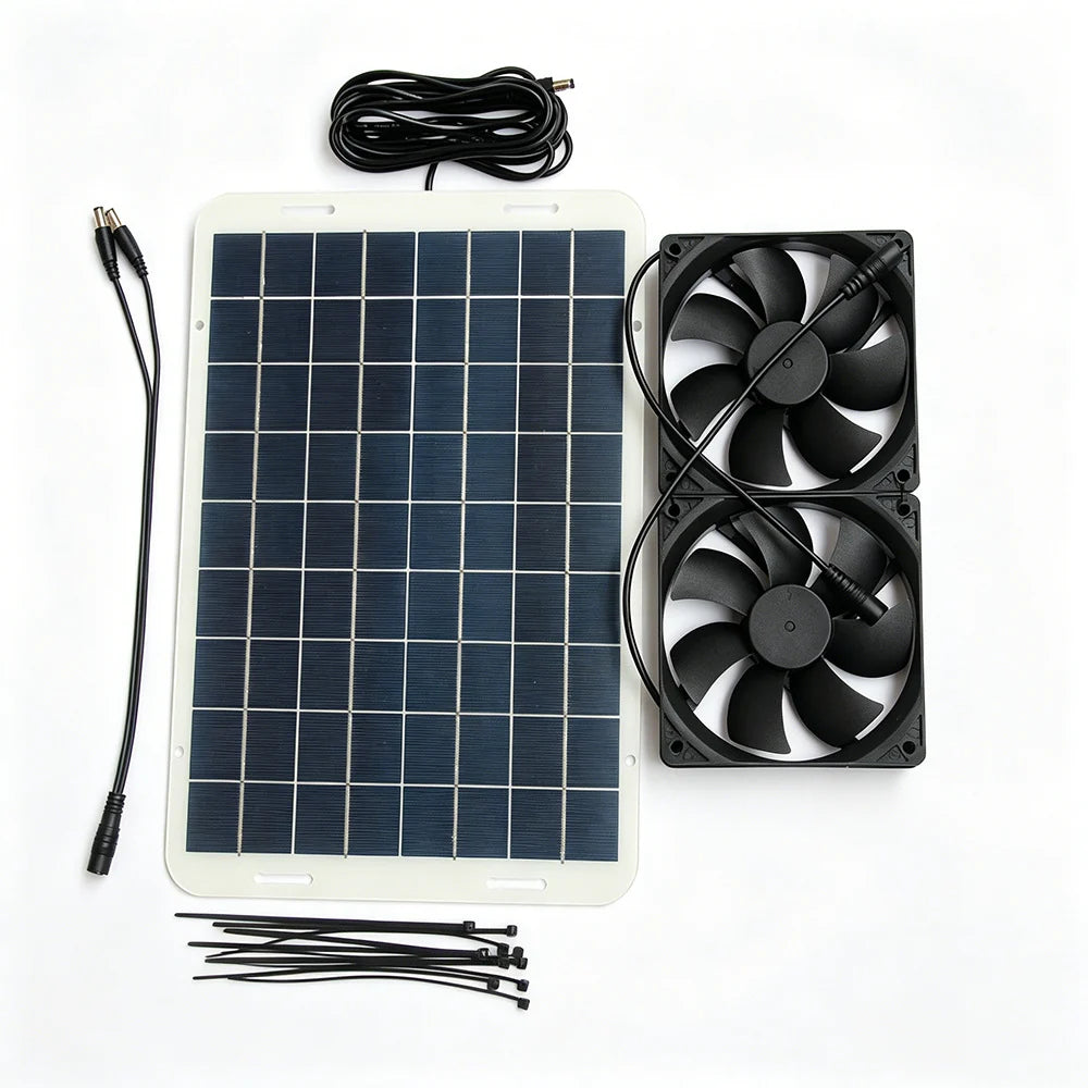 15W panel, two 120mm fans, DC splitter and cable ties