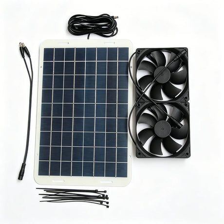 15W panel, two 120mm fans, DC splitter and cable ties