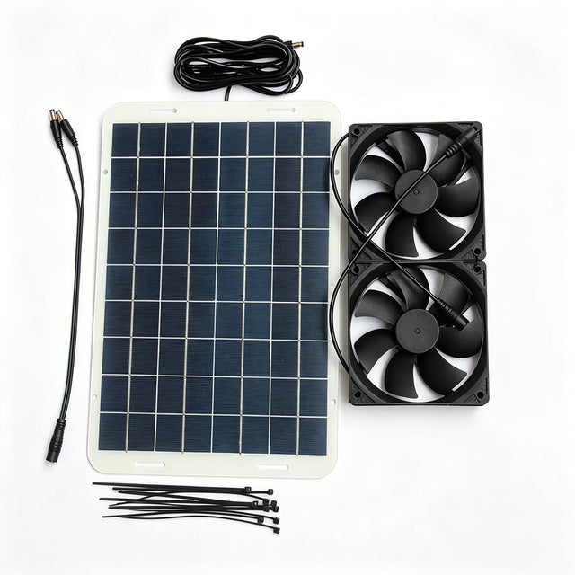 15W panel, two 120mm fans, DC splitter and cable ties