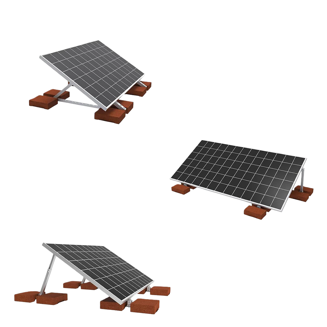 Solar panel tilt mount supported by aluminum ballast plates with bricks in different layouts.